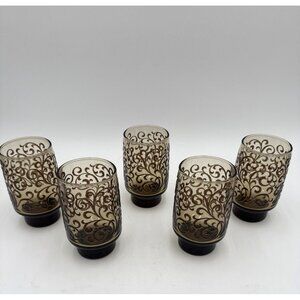Vintage 1970's Libbey Brown Scroll Pedistal Tumblers Glasses in a Set of 5 Retro
